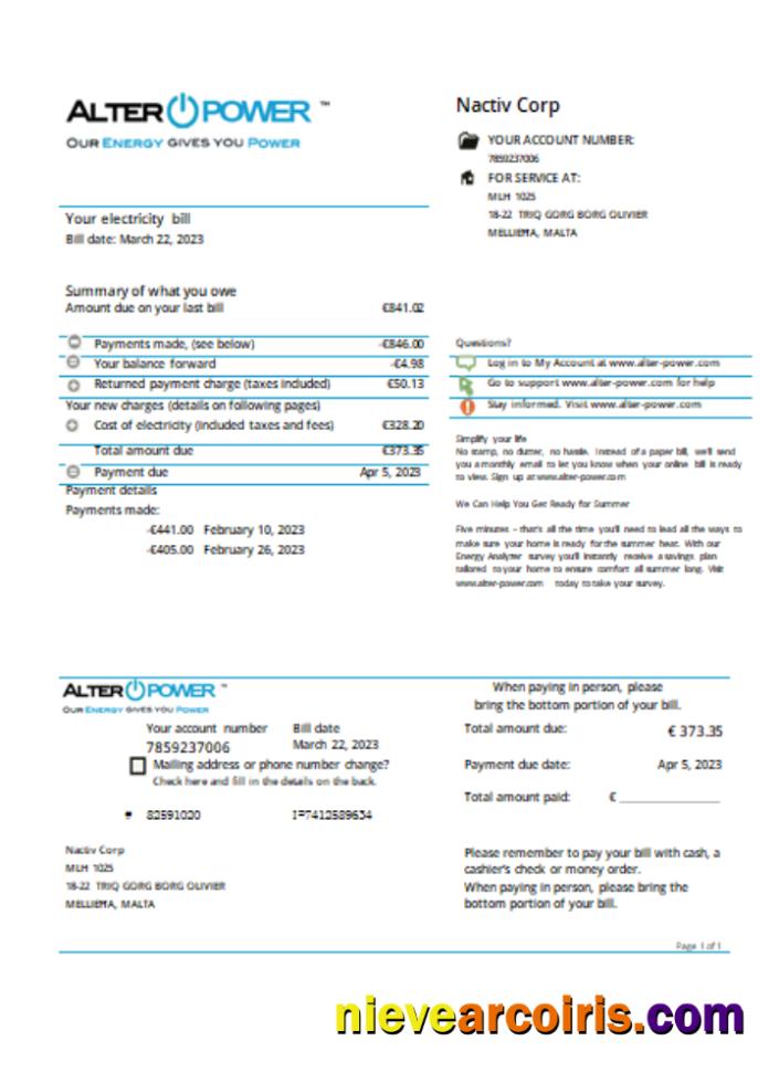 AlterPower Malta proof of address utility business bill